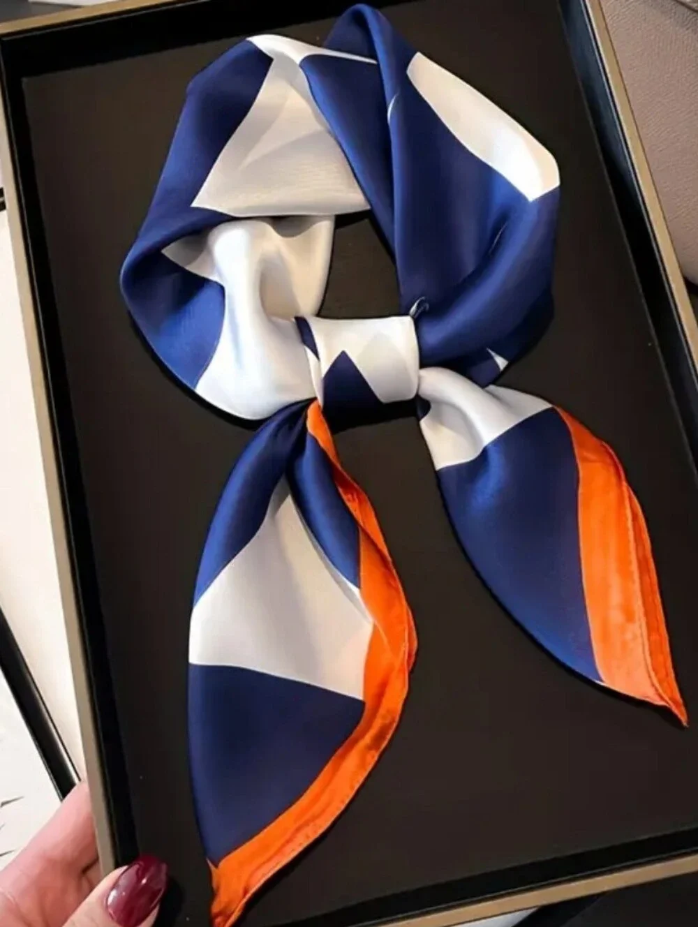Silk-feel Look Geometric Print Scarf - Blue & Orange Head Scarf , Neck Scarf